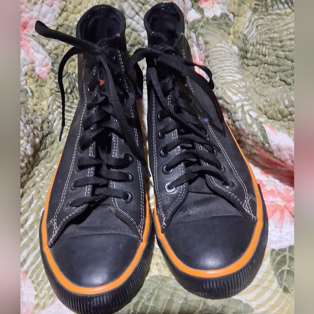 HARLEY DAVIDSON D93816 SIZE 8.5 MENS NATHAN BLACK ORANGE LEATHER HI-TOP SNEAKERS